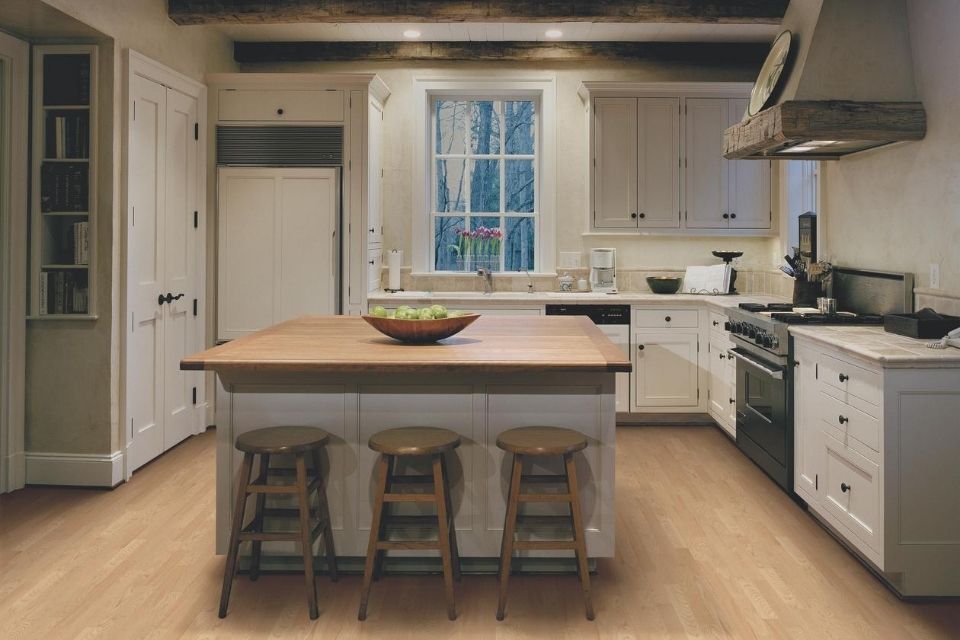 oak hardwood floors in a rustic kitchen